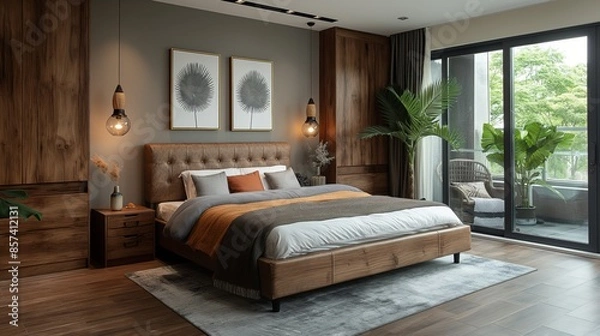 Fototapeta A contemporary and cozy bedroom features a plush tufted bed, elegant wooden panels, and soothing greenery by a wide balcony, creating a serene retreat.