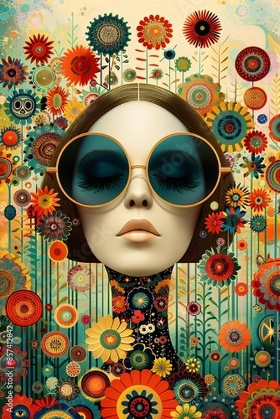 Fototapeta illustration of a flower power woman with sunglasses surrounded by flowers in the style of the 60s