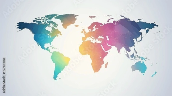 Fototapeta A modern, color-gradient world map highlights global connections and diversity in a flat, minimalist design.