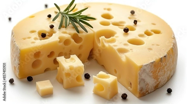 Fototapeta A wedge of Swiss cheese with characteristic large holes, displayed with rosemary and peppercorns.