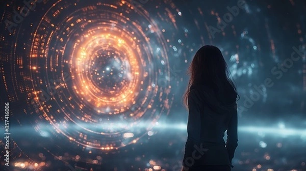 Fototapeta A woman stands mesmerized by a swirling vortex of fiery digital patterns, symbolizing the infinite possibilities within the digital realm.