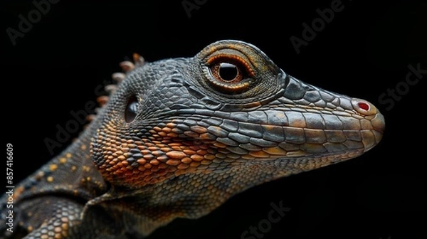 Fototapeta A vividly textured lizard, adorned with an intricate mosaic of scales, peers curiously into the void, its eyes shimmering with life.