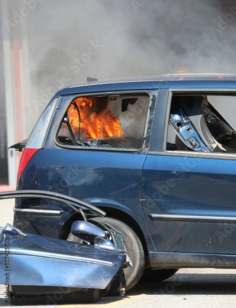 Fototapeta fire inside  the car after the riot of the rioters in the city