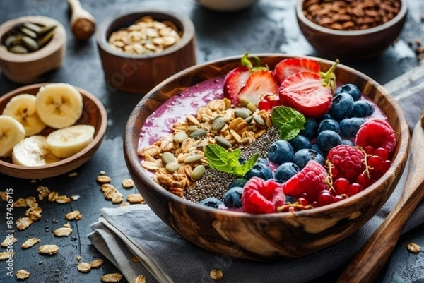 Fototapeta Nutritious breakfast bowl with acai smoothie granola seeds and fresh fruits Emphasizing clean eating dieting detox and plant based food