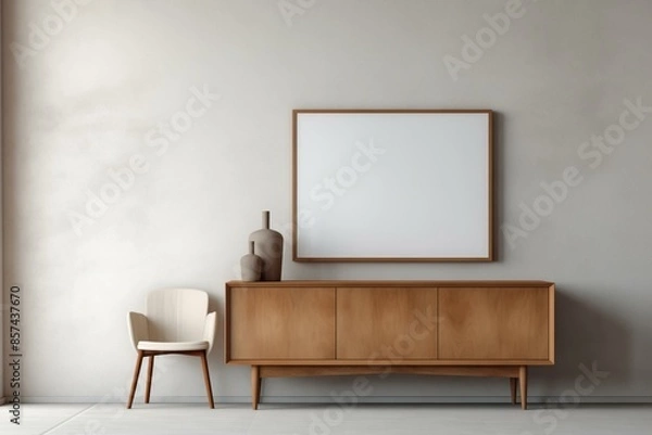 Obraz A minimalist interior featuring a wooden cabinet dresser against a light concrete wall. The cabinet is adorned with two ceramic vases. Beside it sits a white chair with wooden legs