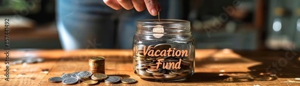 Fototapeta Person saving money in a glass jar labeled 'Vacation Fund' with coins on a wooden table, highlighting budgeting and financial planning.