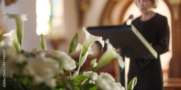 Obraz Eulogy and funeral concept. Mature woman dressed in black standing at the pulpit and giving a eulogy or sharing memories in the church, funeral flowers in the foreground.