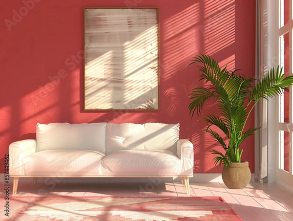 Obraz Minimalist Living Room with Pink Wall and White Sofa.