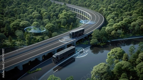 Fototapeta An autonomous truck navigates a winding mountain road, showcasing advanced safety features represented by blue circles around the vehicle