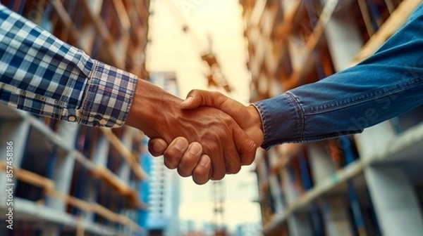 Fototapeta Successful deal concept. Architect or surveyor worker shaking hands with client in a construction site after confirming blueprint for renovating building