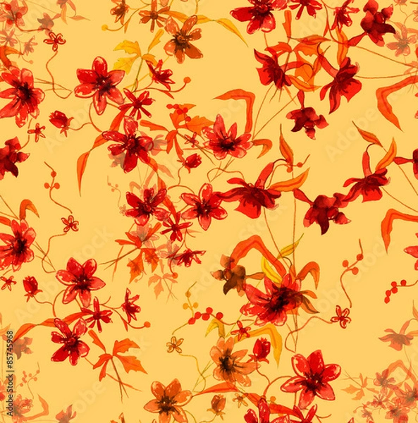 Fototapeta Retro-styled watercolour branch of abstract flowers, seamless pattern