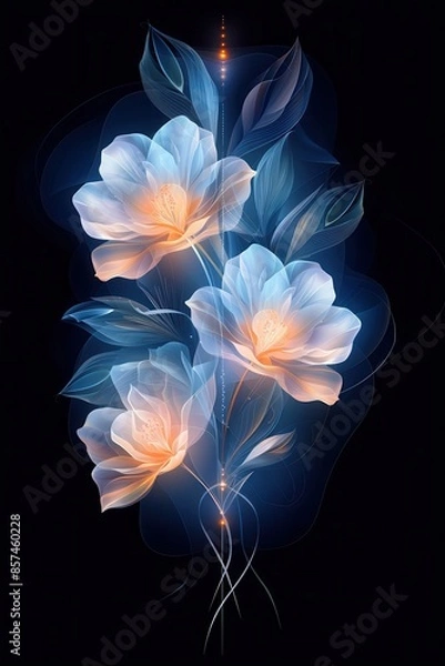 Fototapeta Glowing White Flowers With Delicate Stems Against a Dark Background