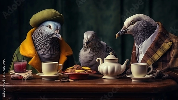 Fototapeta Surreal illustration of a humanoid family of pigeons sitting at a table and drinking tea. A humanized animal