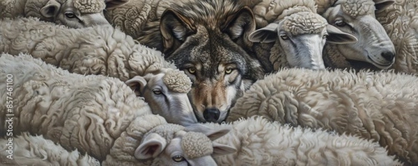 Obraz A wolf hidden among a group of sheep, blending in, symbolic concept
