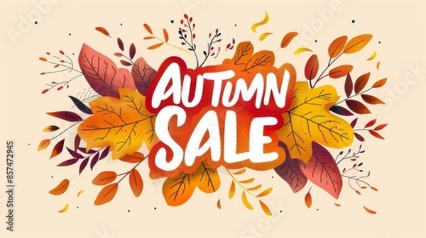 Fototapeta A digital illustration of autumn leaves surrounding the words Autumn Sale in white lettering on a red background