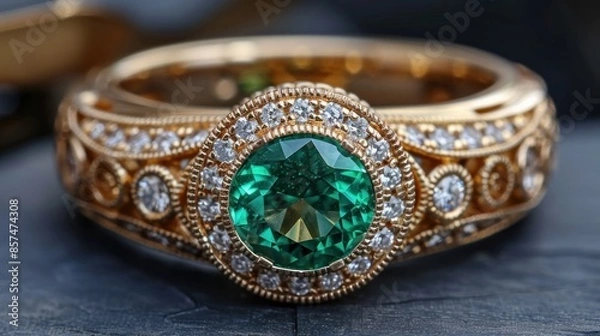 Obraz Gold Ring with Emerald and Diamonds