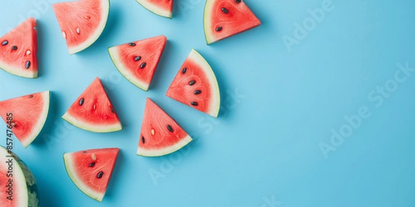 Fototapeta Wassermelonen Stücke, Obst Design, Vektor Hintergrundmotiv für Werbung mit Textfreiraum