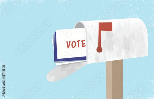 Obraz A mailbox and vote by mail ballot, in a cut paper style with textures
