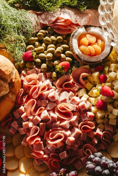 Obraz delicious food and fruits on a tidy table