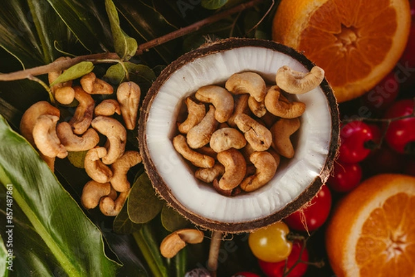 Obraz delicious food and fruits on a tidy table