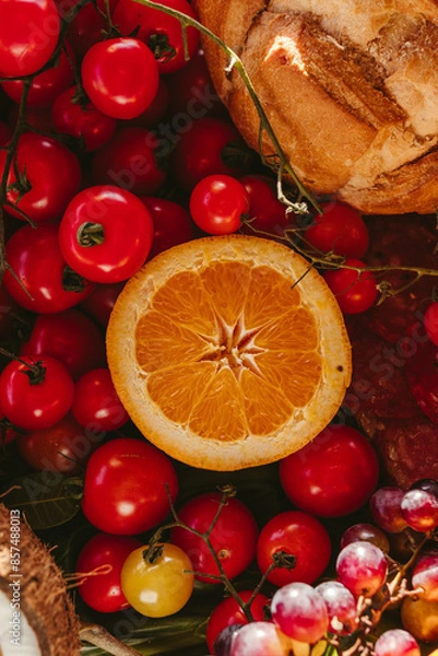 Obraz delicious food and fruits on a tidy table