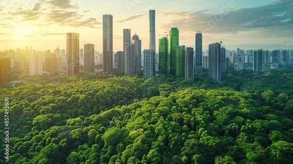 Obraz Urban Skyline Emerges from a Lush Forest Canopy