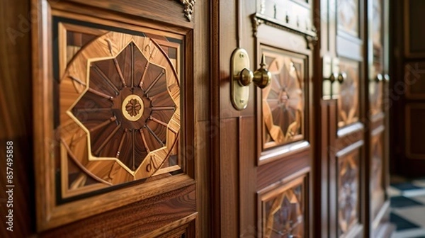 Fototapeta close-up of bespoke cabinet doors in a study, featuring inlaid wood designs and custom brass hardware