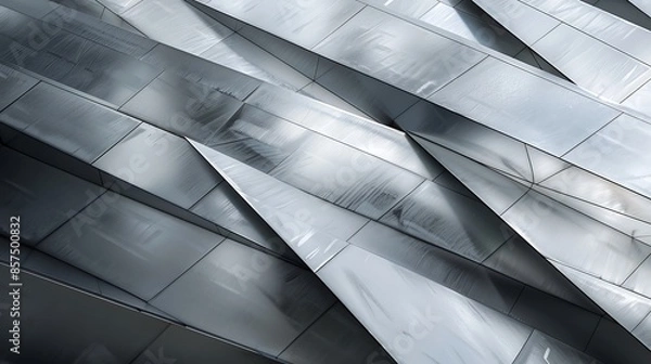 Fototapeta detail of a contemporary museum facade with a series of overlapping metal panels, each angled differently to catch light and create a dynamic visual effect