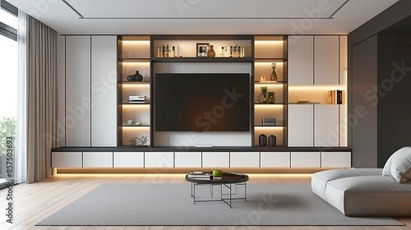 Fototapeta high-end media center with built-in cabinets and floating shelves, showcasing a sleek design and housing state-of-the-art entertainment systems in a minimalist living room