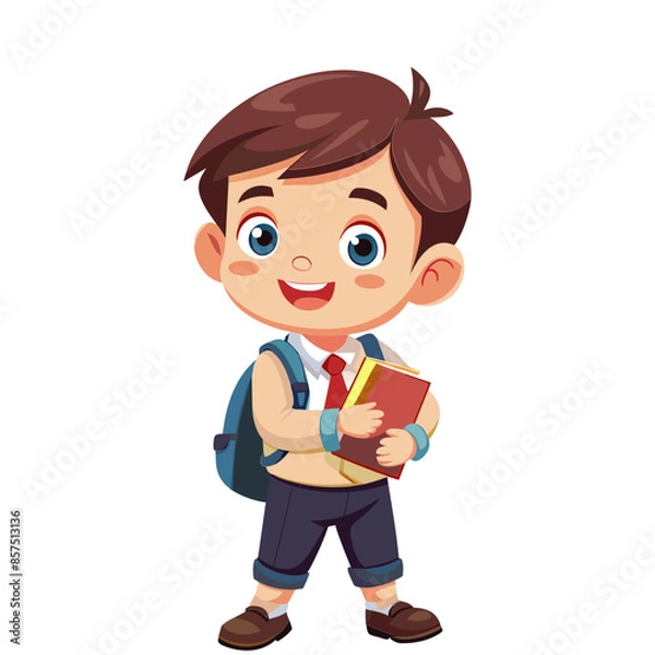 Fototapeta Cartoon boy smiles while engrossed in a colorful book at school