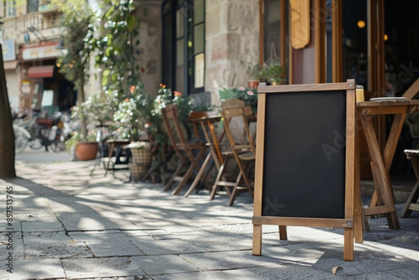 Fototapeta Empty chalkboard sign outside a cafe on a busy street