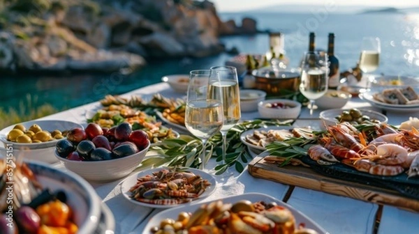 Obraz Picnic on the beach with white wine, olives and seafood.
