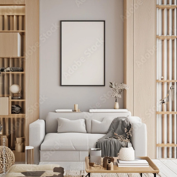 Obraz Frame mockup with miror reflect, Big paper size. Living room wall poster mockup. Interior mockup with house background. Modern interior design. 3D render