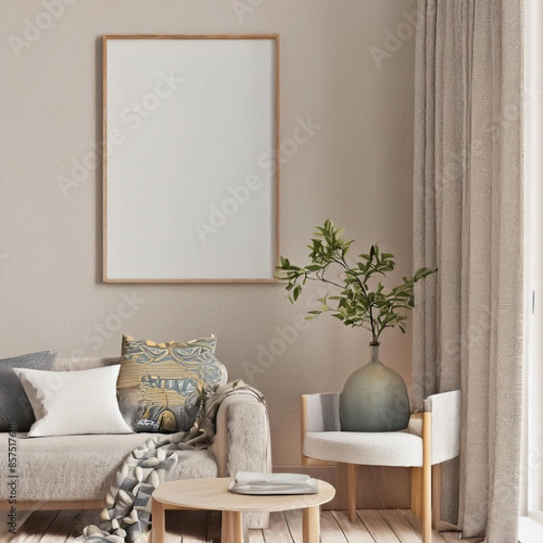 Fototapeta Frame mockup with miror reflect, Big paper size. Living room wall poster mockup. Interior mockup with house background. Modern interior design. 3D render