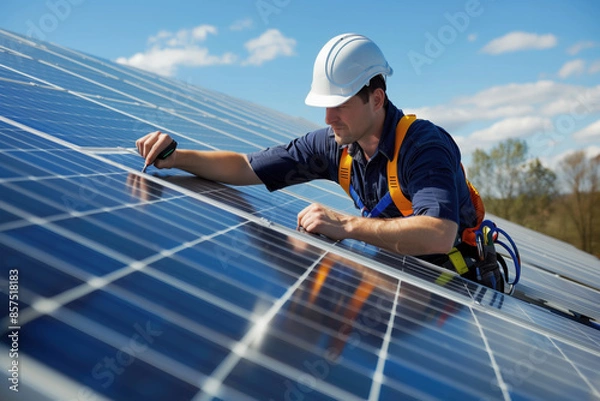 Fototapeta An engineer installs and adjusts the operation of solar panels