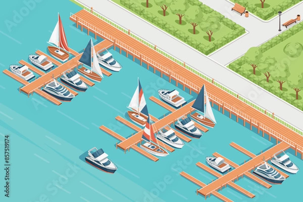 Obraz Three-dimensional isometric view showcasing marina pier sailboat and yacht harbor vector illustration