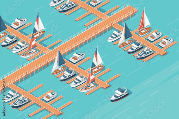 Obraz Three-dimensional isometric view showcasing marina pier sailboat and yacht harbor vector illustration