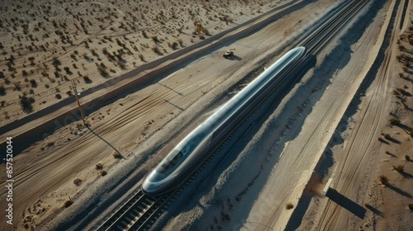 Obraz Aerial view of a modern high speed train running through the desert