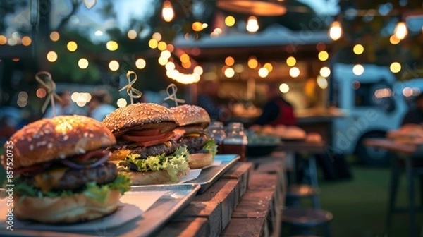 Obraz Gourmet burgers on display at a night food market, bokeh lights in the background. Street food and dining concept