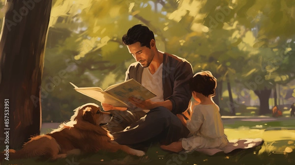 Obraz A young dad, sitting under a tree in a park, reading a book to his children who are sitting on a blanket, with a gentle breeze rustling the leaves and a picnic basket nearby.