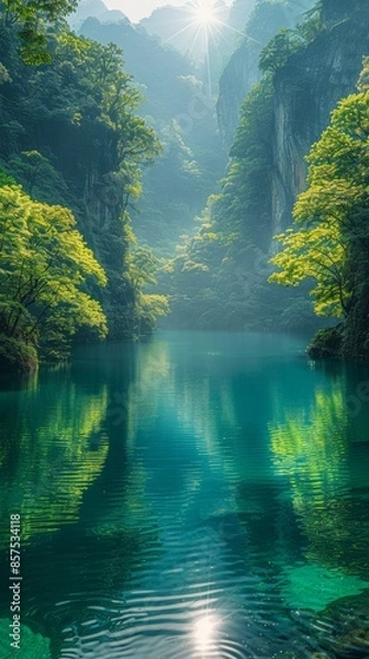 Obraz Calming Photography Reference. Lake View of Spring in Vibrant Color