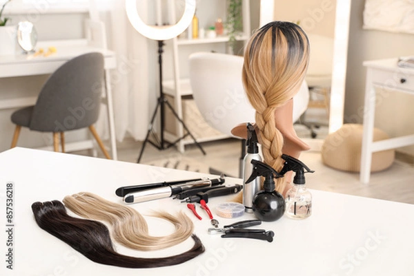 Fototapeta Mannequin with wig and hair extension tools on table in beauty salon