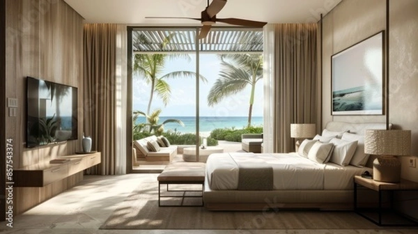 Obraz Bedroom interior is in the style of a modern luxury hotel resort, with soft bed linen and large glass windows.