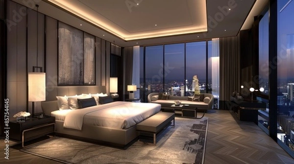 Obraz Bedroom interior is in the style of a modern luxury hotel resort, with soft bed linen and large glass windows.