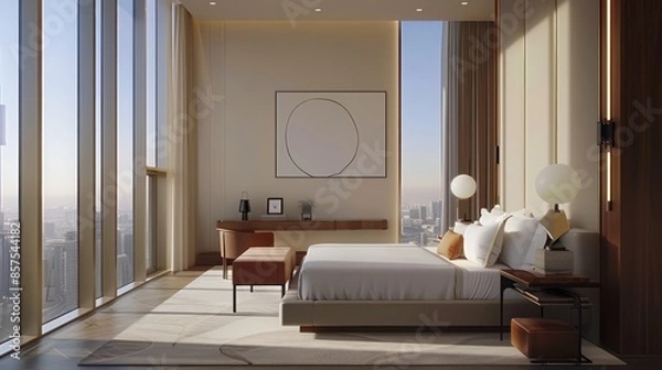 Obraz Bedroom interior is in the style of a modern luxury hotel resort, with soft bed linen and large glass windows.