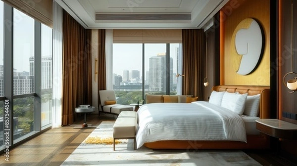 Obraz Bedroom interior is in the style of a modern luxury hotel resort, with soft bed linen and large glass windows.