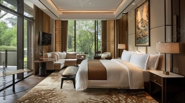 Obraz Bedroom interior is in the style of a modern luxury hotel resort, with soft bed linen and large glass windows.