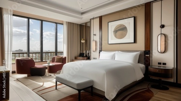 Obraz Bedroom interior is in the style of a modern luxury hotel resort, with soft bed linen and large glass windows.