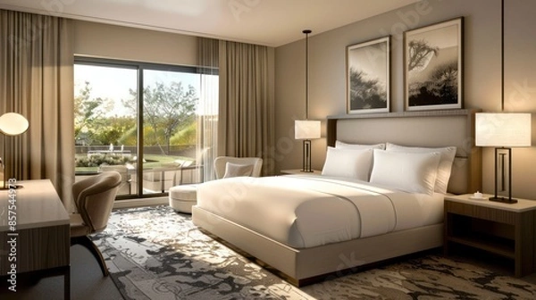 Obraz Bedroom interior is in the style of a modern luxury hotel resort, with soft bed linen and large glass windows.