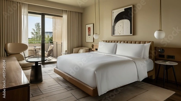 Obraz Bedroom interior is in the style of a modern luxury hotel resort, with soft bed linen and large glass windows.